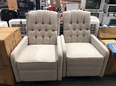SET OF 2 ARMCHAIRS IN LIGHT GREY FABRIC WITH BUTTON EFFECT ( 1 X CHAIR IS MISSING SIDES) (COLLECTION OR OPTIONAL DELIVERY)