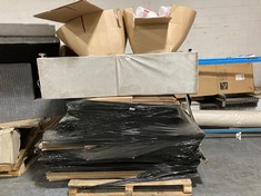 PALLET OF ASSORTED FURNITURE / PARTS TO INCLUDE LIGHT GREY VELVET BED BASE PART (PART ONLY) (COLLECTION OR OPTIONAL DELIVERY) (KERBSIDE PALLET DELIVERY)