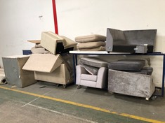 QTY OF ASSORTED SOFA PARTS / SHOWER ITEMS TO INCLUDE CORNER SOFA PART IN DARK GREY VELVET (PART ONLY RAILS NOT INCLUDED) (DELIVERY) (COLLECTION OR OPTIONAL DELIVERY) (KERBSIDE PALLET DELIVERY)