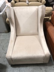 BEIGE VELOUR FABRIC HIGH BACK ARMCHAIR (COLLECTION OR OPTIONAL DELIVERY)