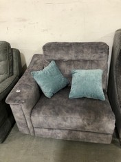 ELECTRIC RECLINER SOFA PART IN GREY VELVET (R/H ARM) TO INCLUDE ARMLESS SOFA SECTION IN GREY LEATHER PART (COLLECTION OR OPTIONAL DELIVERY)