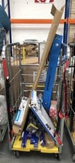 CAGE OF ASSORTED ITEMS TO INCLUDE FISCHER BIKE STAND, SILVERLINE HEAVY DUTY HAND CABLE PULLER (COLLECTION OR OPTIONAL DELIVERY) (KERBSIDE PALLET DELIVERY)