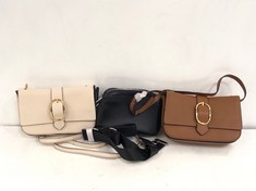 BOX OF ASSORTED BAGS TO INCLUDE JOHN LEWIS LEATHER CRESCENT SADDLE BAG - TAN (DELIVERY ONLY)