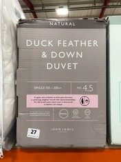 JOHN LEWIS DUCK FEATHER & DOWN DUVET 4.5 TOG - SIZE SINGLE (DELIVERY ONLY)
