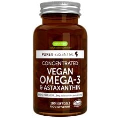 13 X VEGAN DHA & EPA OMEGA 3 ALGAE OIL & ASTAXANTHIN, 180 SMALL SOFTGELS, 1344MG OMEGA 3, PURE & SUSTAINABLE, 400MG DHA & 200MG EPA, CLEAN LABEL, 90 SERVINGS, BY IGENNUS. (DELIVERY ONLY)