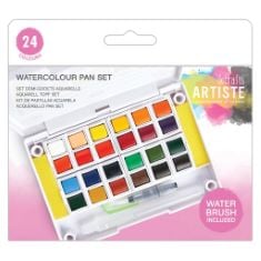 QTY OF ITEMS TO INLCUDE BOX OF ASSORTED ITEMS TO INCLUDE ARTISTE WATERCOLOUR PAN SET - 24 COLOURS WITH WATER BRUSH, 20PCS NEW KING CHARLES III CORONATION BALLOONS NAVY BLUE AND WHITE 12" LATEX GREAT