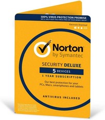 NORTON 40X SECURITY DELUXE 5 DEVICES 1 YEAR SUBSCRIPTION SECURITY ACCESSORIES (ORIGINAL RRP - £800.00) IN YELLOW AND BLUE. (WITH BOX) [JPTC67679]