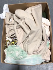 BOX OF ASSORTED WOMENS CLOTHING TO INCLUDE WHITE FOX SWEATER STONE WITH WHITE LOGO SIZE XL (DELIVERY ONLY)