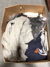 BOX OF ASSORTED MENS CLOTHING TO INCLUDE GREY HOODIE WITH LOGO SIZE LG (DELIVERY ONLY)