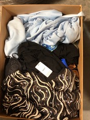 BOX OF ASSORTED WOMENS CLOTHING TO INCLUDE NEXT SLEEVELESS V-NECK T-SHIRT BLACK/WHITE SEQUIN SIZE 14 (DELIVERY ONLY)