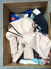 BOX OF ASSORTED CHILDREN'S CLOTHING TO INCLUDE PINK FLEECE LINED HOODED JACKET SIZE 7YRS (DELIVERY ONLY)