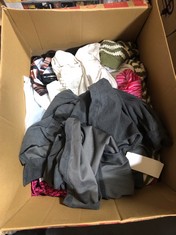 BOX OF ASSORTED WOMEN'S CLOTHING TO INCLUDE DAZY CORDUROY JACKET GREY SIZE M (DELIVERY ONLY)