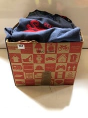 BOX OF ASSORTED ADULT CLOTHING TO INCLUDE SUPERDRY SWEATER NAVY WITH RED LOGO SIZE 10 (DELIVERY ONLY)