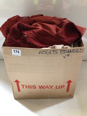 BOX OF ASSORTED ADULT BRANDED CLOTHING TO INCLUDE BODEN CORDUROY SHORT DUNGAREES RUST SIZE 18 (DELIVERY ONLY)