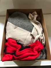 BOX OF ASSORTED MEN'S CLOTHING TO INCLUDE LONSDALE HOODIE RED SIZE LG (DELIVERY ONLY)