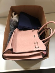 BOX OF ASSORTED BAGS TO INCLUDE ARDENE PINK PATENT CROC TOTE BAG (DELIVERY ONLY)