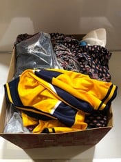 BOX OF ASSORTED ADULT CLOTHING TO INCLUDE SUPER LEAGUE WREXHAM AFC FOOTY SHIRT YELLOW/NAVY SIZE LG (DELIVERY ONLY)