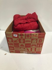 BOX OF ASSORTED ADULT ZARA CLOTHING TO INCLUDE RED HOODED PUFFER JACKET SIZE EUR-SM (DELIVERY ONLY)