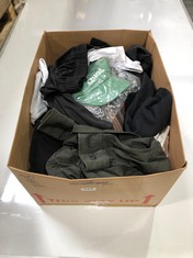BOX OF ASSORTED MENS CLOTHING TO INCLUDE SELECTED HOMME OVERSHIRT JACKET ARMY GREEN SIZE SM (DELIVERY ONLY)