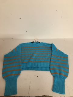 WOMEN'S DESIGNER CROPPED SWEATER IN WATER WORLD COMBO - SIZE XS - RRP $98