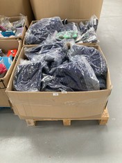 PALLET OF ASSORTED CLOTHING IN VARIOUS SIZES AND PATTERNS INCLUDING WHITE AND GREY SOCKS.