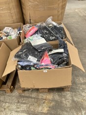 PALLET OF A VARIETY OF CLOTHING IN VARIOUS SIZES AND STYLES INCLUDING PRINTED CHILDREN'S TROUSERS.