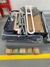PALLET OF ASSORTED ITEMS INCLUDING FOLDING BED BASE WITH MATTRESS (MAY BE BROKEN AND INCOMPLETE).