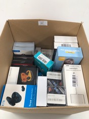BOX WITH A VARIETY OF TECHNOLOGY ITEMS INCLUDING WIRELESS HEADSETS - LOCATION 27A.