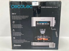 CECOTEC ESPRESSO MACHINE POWER ESPRESSO 20 MATIC. 850 W, 20 BAR, 1,5L, DUAL SPOUT, STEAMER, HEATED CUP WARMING SURFACE, DIGITAL CONTROLS, STAINLESS STEEL FINISH, BLACK/SILVER - LOCATION 9B.