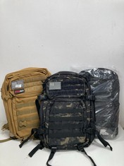 3 X BACKPACKS OF VARIOUS BRANDS INCLUDING RANTENKONT MILITARY CAMOUFLAGE BACKPACK - LOCATION 41B.