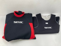 2 X SEAC WETSUITS IN DIFFERENT MODELS AND SIZES INCLUDING LONG WETSUIT SIZE XXXXL AND WETSUIT T-SHIRT SIZE XL - LOCATION 30A.