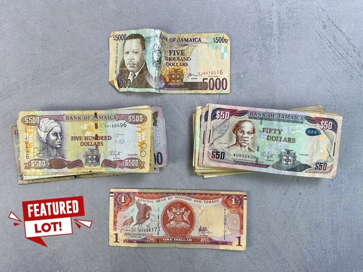 Selection Of Currency, Including Approx 23,500 Jamaican Dollars, 1 Trinidad & Tobago Dollar, Varied Caribbean Coins (VAT ONLY PAYABLE ON BUYERS PREMIUM)