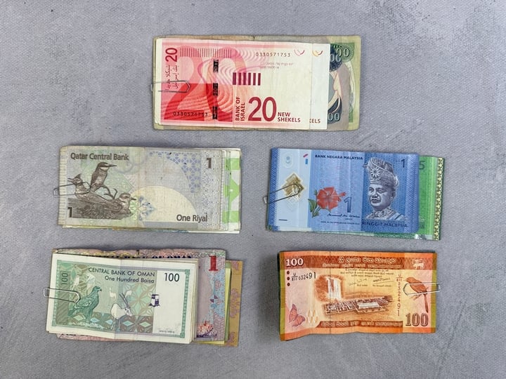 Selection Of Currency, Including Approx 80 Ringgit Malaysian, 300 Sri Lankan Rupee, 55 Qatari an Riyal, 1,720 Bangladesh Taka, Iraq Dinars, New Shekels, Oman Rial/Baisa (VAT ONLY PAYABLE ON BUYERS PR