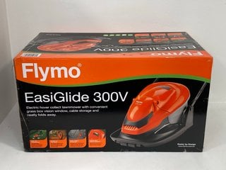 FLYMO EASIGLIDE 300V CORDED HOVER COLLECT LAWNMOWER IN ORANGE AND GREY - RRP £109: LOCATION - FRONT BOOTH