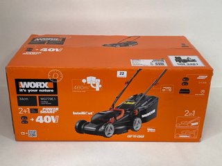 WORX 34CM CORDLESS LAWN MOWER MODEL: WG779E.1 - RRP £245: LOCATION - FRONT BOOTH