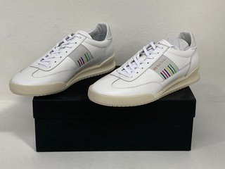 PAUL SMITH MENS DOVER TRAINERS IN WHITE WITH SIDE STRIPE UK SIZE 9 - RRP £195: LOCATION - FRONT BOOTH