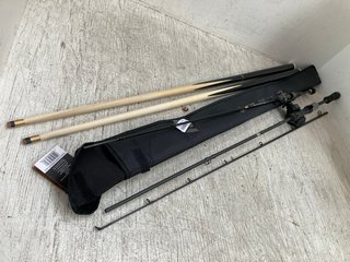 2 X MEDIUM POOL CUE TO INCLUDE FISHING ROD IN BLACK: LOCATION - I3