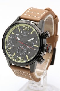 MEN'S LOUIS LACOMBE CHRONOGRAPH WATCH. FEATURING A BLACK DIAL WITH SUB DIALS, DATE, BLACK BEZEL AND CASE, W/R 3ATM. BROWN LEATHER STRAP. COMES WITH A GIFT BOX: LOCATION - E5