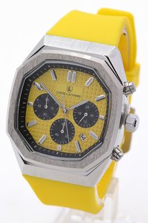 MEN'S LOUIS LACOMBE CHRONOGRAPH WATCH. FEATURING A YELLOW DIAL WITH SUB DIALS, DATE, SILVER COLOURED BEZEL AND CASE, W/R 3ATM, YELLOW RUBBER STRAP. COMES WITH A GIFT BOX: LOCATION - E5