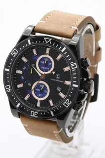 MEN'S LOUIS LACOMBE CHRONOGRAPH WATCH. FEATURING A BLACK DIAL WITH SUB DIALS, DATE, BLACK BEZEL AND CASE, W/R 3ATM, BROWN LEATHER STRAP. COMES WITH A GIFT BOX: LOCATION - E5