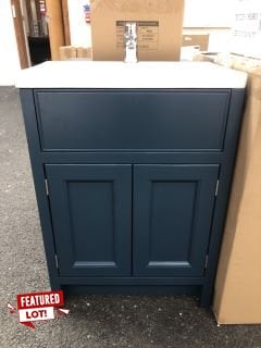 (COLLECTION ONLY) ROPER RHODES FLOOR STANDING 2 DOOR SINK UNIT IN DERWENT BLUE WITH A 610 X 360MM 1TH CERAMIC BASIN COMPLETE WITH A MONO BASIN MIXER TAP & CHROME SPRUNG WASTE - RRP £815: LOCATION - A