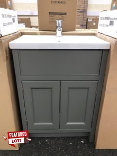 (COLLECTION ONLY) ROPER RHODES FLOOR STANDING 2 DOOR SINK UNIT IN PEWTER WITH A 610 X 360MM 1TH CERAMIC BASIN COMPLETE WITH A MONO BASIN MIXER TAP & CHROME SPRUNG WASTE - RRP £815: LOCATION - A2