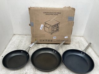 3 X NINJA FRYING PANS IN VARIOUS SIZES TO INCLUDE CORONA MAGAZINE TABLE IN SOLID PINE WOOD: LOCATION - D 10