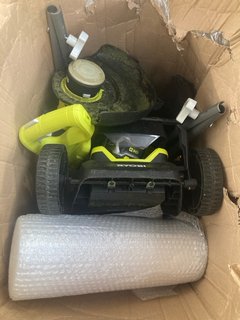 RYOBI ONE 18V CORDLESS LAWN MOWER TO ALSO INCLUDE FLYMO MINI TRIM ST GRASS TRIMMER: LOCATION - WA10