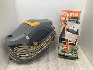 HOZELOCK WALL MOUNTED GARDEN HOSE PIPE ON REEL TO ALSO INCLUDE FLYMO SPEEDI-TRIM LIGHTWEIGHT GRASS TRIMMER: LOCATION - WA11