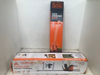 BLACK & DECKER 23CM 250W GRASS TRIMMER TO ALSO INCLUDE YARD FORCE 20V CORDLESS HEDGE TRIMMER: LOCATION - WA11