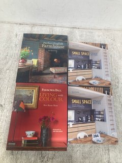 4 X ASSORTED INTERIOR DESIGN BOOKS TO INCLUDE PERFECT ENGLISH FARMHOUSE BOOK BY ROS BYAM SHAW: LOCATION - A12