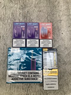 QTY OF ASSORTED VAPE ITEMS TO INCLUDE LOST MARY DISPOSABLE POD IN RED APPLE ICE FLAVOUR (PLEASE NOTE: 18+YEARS ONLY. ID MAY BE REQUIRED): LOCATION - B4