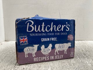 BOX OF 24 BUTCHERS TINNED DOG FOOD IN VARIOUS FLAVOURS - BBE: 08.2026: LOCATION - B6