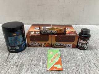 5 X ASSORTED PROTEIN SUPPLEMENTS TO INCLUDE 2 X BOXES OF CHOCOLATE CARAMEL BATTLE BITES DYNABAR HIGH PROTEIN BARS - BBE 04.04.2025: LOCATION - B7